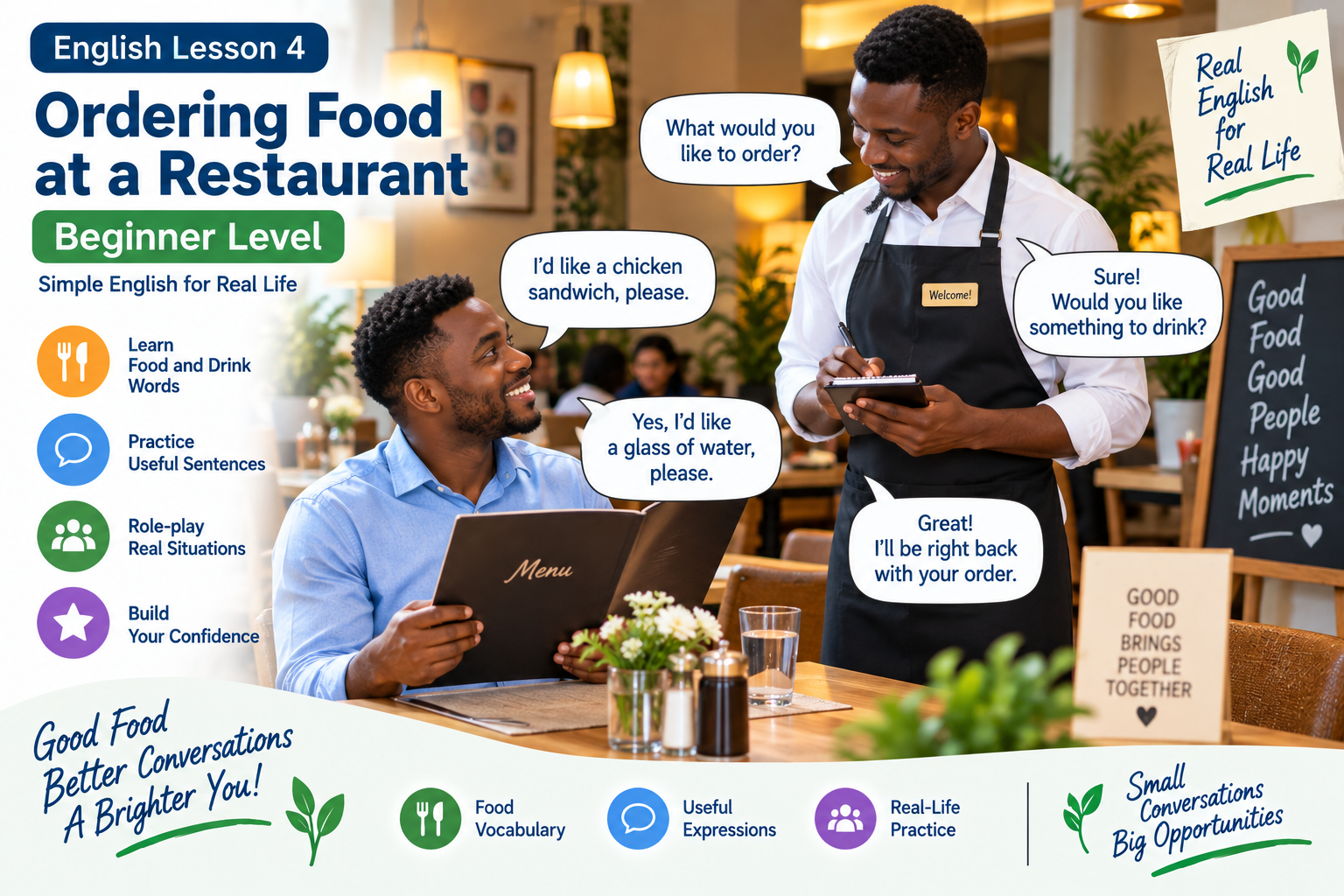 Beginner English Lesson 4: Ordering Food at a Restaurant
